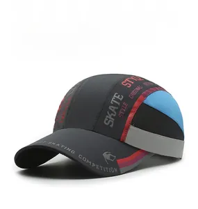 Detail of color-block stitching and street style prints on quick-dry sports baseball cap