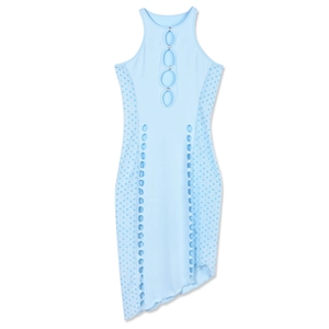 Detail of light blue sleeveless dress with rhinestone cut-outs and mesh print panels