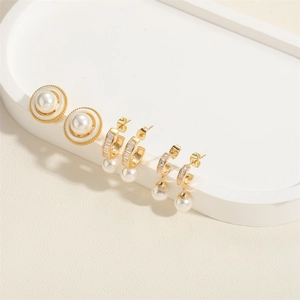 Elegantes vergoldetes C-förmiges Zirkon-Ohrring-Set mit Regenbogenperlen für Damen