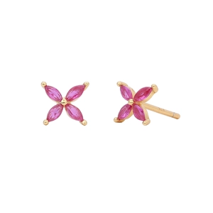 Detail view of 925 silver clover earrings with pink gemstones and gold plating