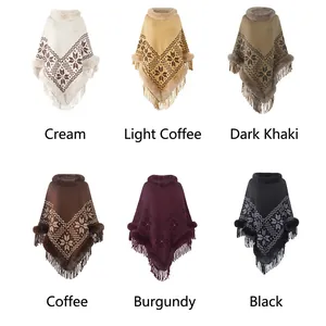 Knit poncho cape for women featuring faux fur collar, snowflake pattern, and fringe hem