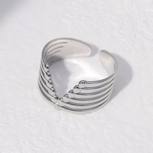 Minimalist silver multi-layer stainless steel open ring with polished spheres design