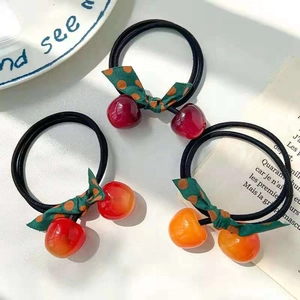Cute cherry bow hair ties with elastic black bands for girls in sweet fruit style
