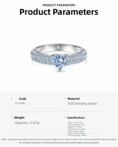 Detailed specs of S925 silver ring featuring 6mm heart blue zircon and 5A crystal pave
