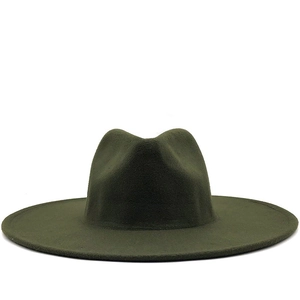 Classic wide brim olive green wool felt fedora hat for women with flat top design