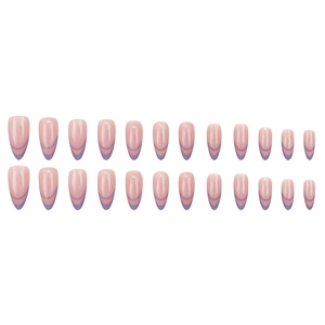 Pink almond press-on nails with purple french tips, 24 pieces set in glossy finish