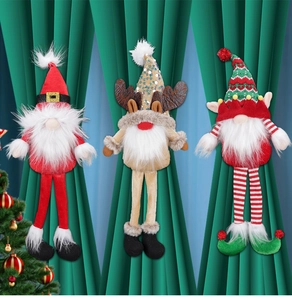 Detail of Christmas gnome and elk curtain tiebacks in festive red and green plush