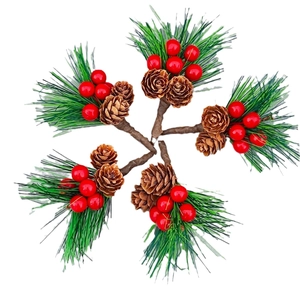 5-piece artificial Christmas pine branches with red berries and pinecones on white background