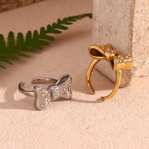 Bow Open Ring 18K Gold Plated Stainless Steel Micro Inlaid Zircon Adjustable Elegant Trendy Jewelry Gift For Women