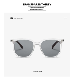 Detail view of transparent grey square frame sunglasses with sleek resin finish
