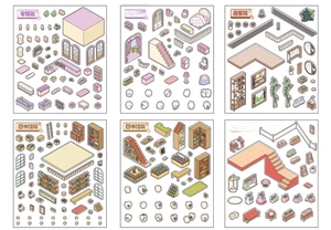 Detailed view of six isometric room sticker themes including library and home scenes