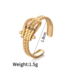 Detailed view of 14K gold-plated braided ring with horseshoe buckle and dimensions