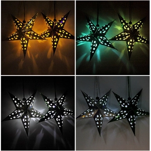 Detail showing laser-cut paper star lanterns with moon patterns in four light effects