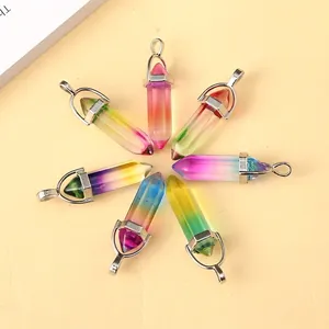 Seven-piece set of gradient hexagonal crystal pillar pendants with silver metal clasps