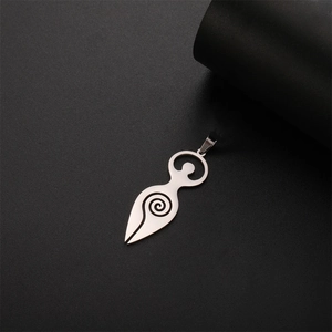 Abstract silver stainless steel goddess pendant with spiral design on black background