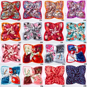 Detailed grid view of 50x50cm satin square scarves in various vintage floral patterns