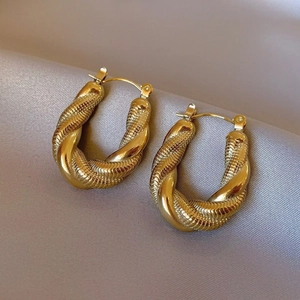 Vintage gold twisted rope U-shaped earrings with a metallic textured finish for women