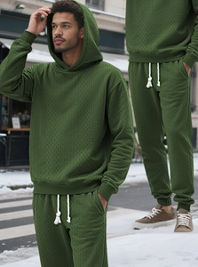 Detail showing olive green men's tracksuit with unique herringbone knit texture and hood