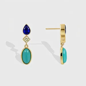 Vintage Gold Plated Copper Turquoise Zirconia Drop Earrings For Women Fashion Three Tier Water Drop Dangle Earrings With 925 Silver Post