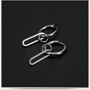Minimalist silver stainless steel hoop earrings with rectangle pendant for men