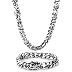 Polished silver titanium steel Cuban link chain necklace and bracelet set for men