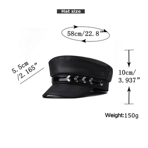 Detail view of PU leather military hat with 58cm circumference and silver arrow ornament
