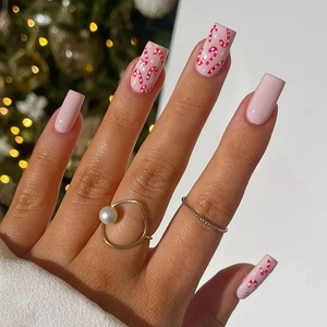 Christmas Candy Cane Press On Nails Sweet Pink Polka Dot Glossy Square Fake Nails With Glue For Women Fashionable Holiday