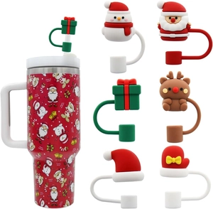 Detail of Christmas silicone straw toppers including Santa and Snowman for 10mm straws