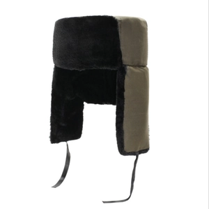 Army green trapper hat for men with black faux fur lining and ear flaps for winter