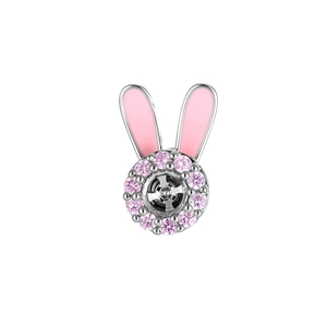 Rotating rabbit earring with pink gemstones and screw back in polished silver titanium steel