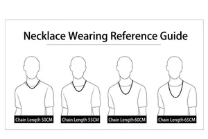 Size guide showing layered Cuban necklace lengths from 50cm to 65cm on a neck profile