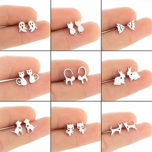 Minimalist Animal Stud Earrings Stainless Steel Cute Cat Dog Rabbit Ghost Shape Fashion Jewelry Accessory For Women