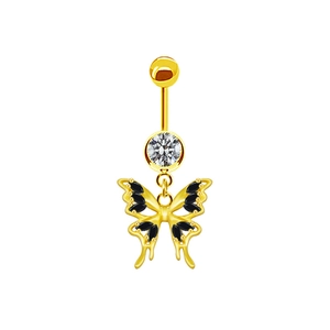 Detailed view of golden butterfly belly ring with black marquise stones and crystal