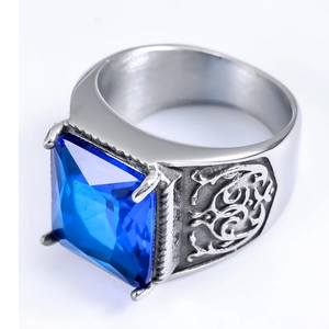 Men Vintage Stainless Steel Ring With Square Blue Gemstone Retro Carved Pattern Punk Style Jewelry