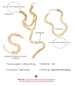 Detailed size specifications for gold punk layered chain necklace and bracelet set