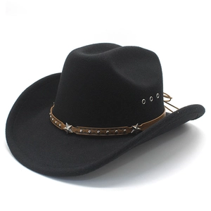 Western Cowboy Hat Wide Brim Cotton Polyester Felt Star Rivets Leather Band Breathable Ethnic Style Outdoor Unisex
