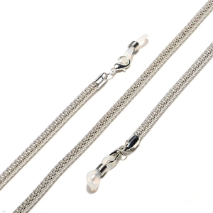 Detail of silver 4.0mm mesh eyewear chain with lobster clasps and non-slip silicone loops