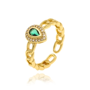 Adjustable 18K gold-plated ring with a green teardrop stone and zircon chain design