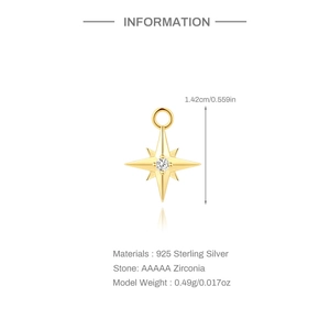 Macro view of S925 sterling silver star charm with AAA zircon and technical dimensions