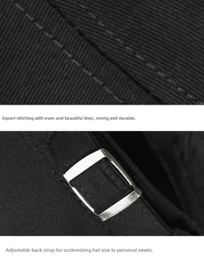 Detail of uniform stitching and adjustable metal buckle on black cotton flat top cap