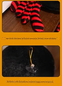 Detail of Halloween plush toy showing suction cup hanger and striped limb design