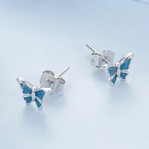 Elegant S925 sterling silver butterfly stud earrings with blue enamel gradient finish