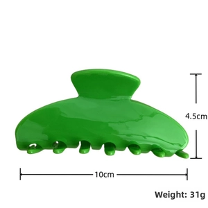 Detail view of a 10cm bright green glossy acetate hair claw clip with size measurements