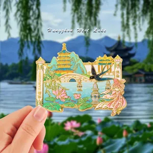 Refrigerator Magnet Alloy Enamel Hangzhou West Lake Scenic Souvenir Metal Magnetic Sticker Oriental Style Home Decor