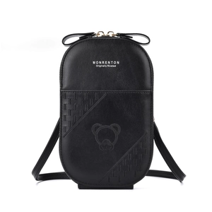 Black PU leather vertical crossbody phone bag with cute bear embossing and zipper.