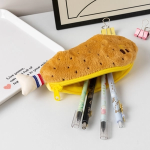 Macro detail of fried chicken plush pencil case showing zipper and large storage capacity