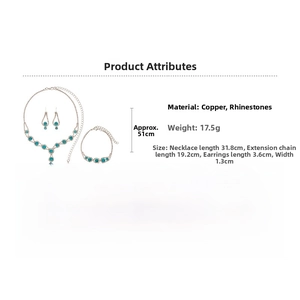 Detail showing dimensions of blue rhinestone jewelry set in copper and rose gold plating
