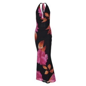 Maxikleid mit Neckholder, Blumenmuster in Rosa und schmaler Taille auf schwarzem Grund