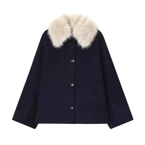 Navy blue cropped wool jacket featuring a plush cream faux fur collar and button closure