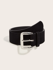 Detailed macro view of black frosted suede leather wide belt with silver metal square buckle